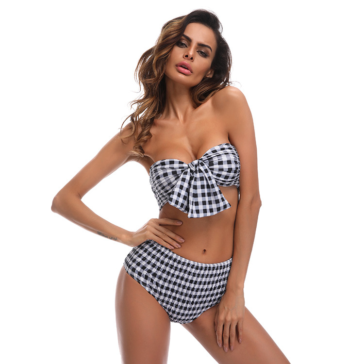 F4683-4  Pleated Plaid Printed Front Bowknot Tube Top Bikini Sets Swimwear